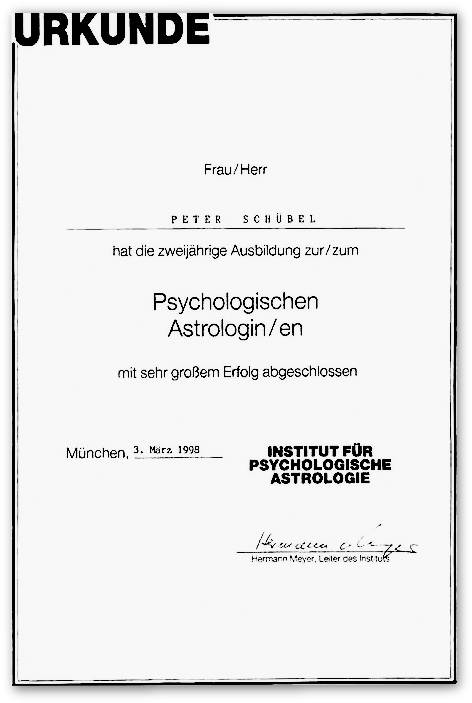 Urkunde Psychologischer Astrologe Peter Schübel